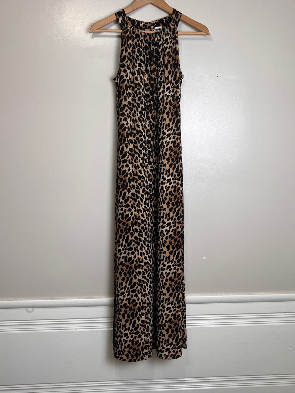 Anne Klein Leopard Cheetah Animal Print Maxi Dress Flowy Double Slit Size 6, EUC